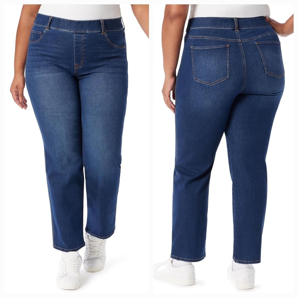 Gloria Vanderbilt LONG Shape Effect Pull On High Rise Straight Jeans size 14
